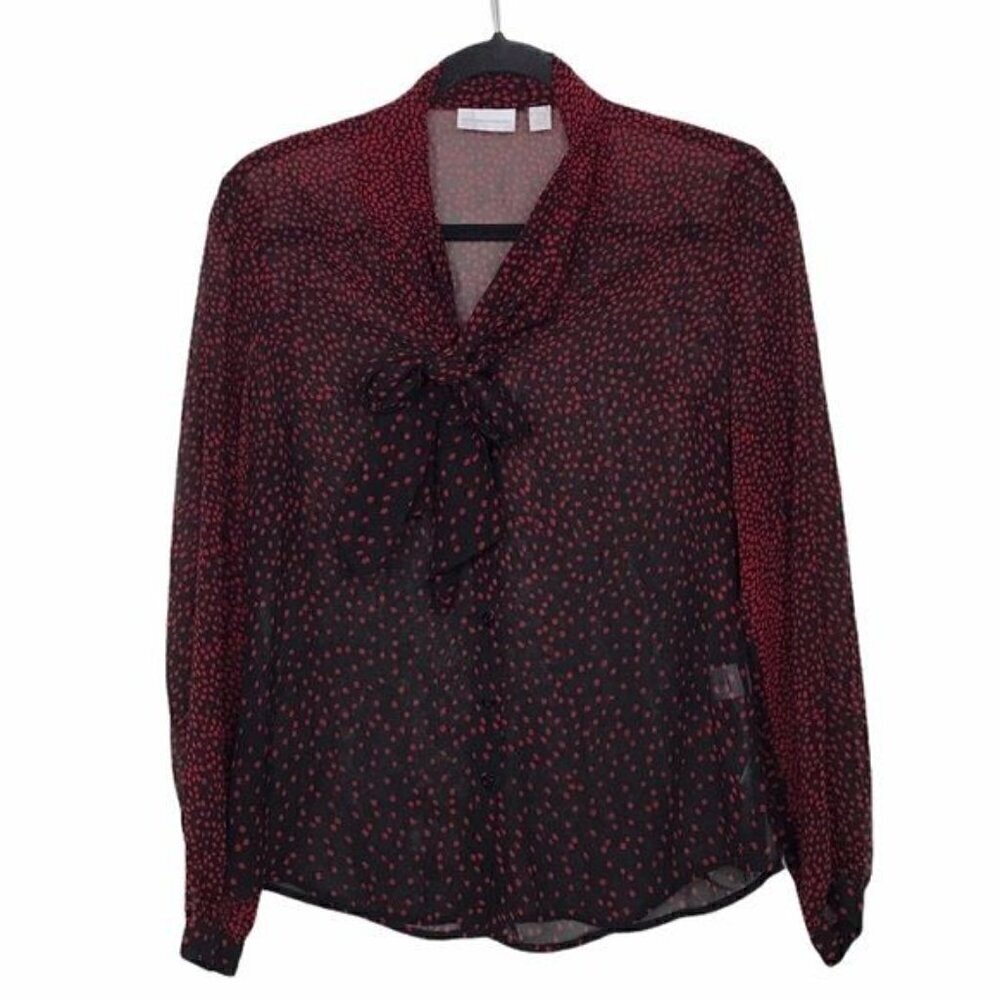 New York & Co Black Red Dot Tie Neck Button Down Blouse Small